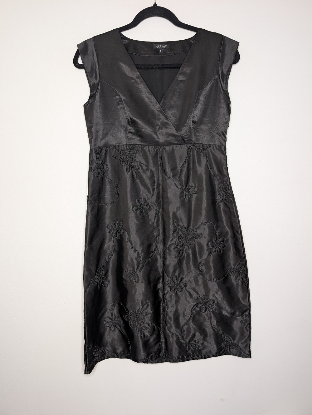 Globus Black Embroidered Satin V-Neck Dress | Size S